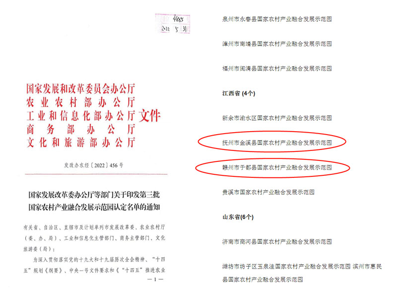 中欧官方端网站登录入口辅导申报的金溪、于都成功纳入第三批国家农村 产业融合发展示范园认定名单